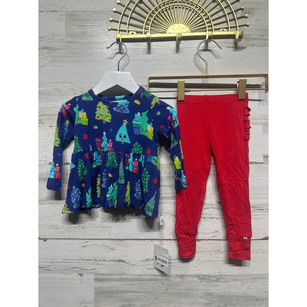 Birdie Bean Peplum Legging Set Girls 6-12M Navy Red Christmas Tree Ruffle NWT
